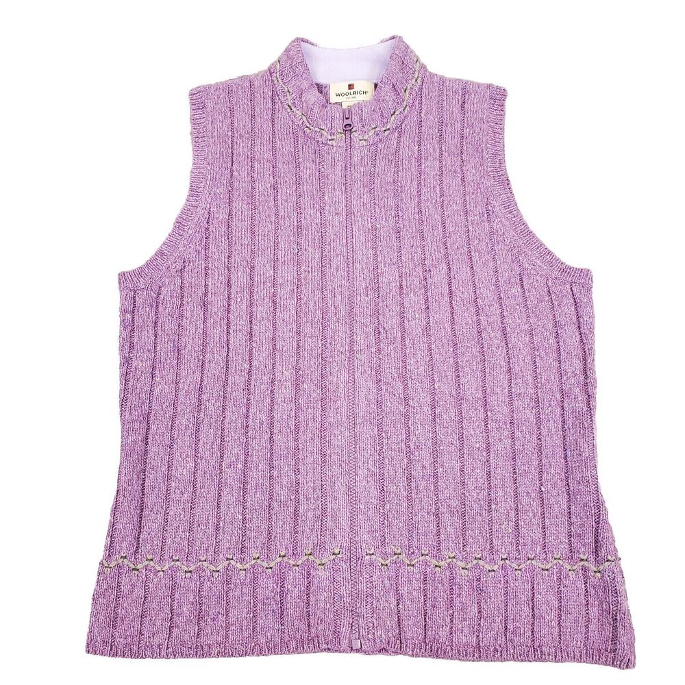 Woolrich Womens Sweater Vest Full Zip L Purple Ramie Lambswool Trim Cottagecore
